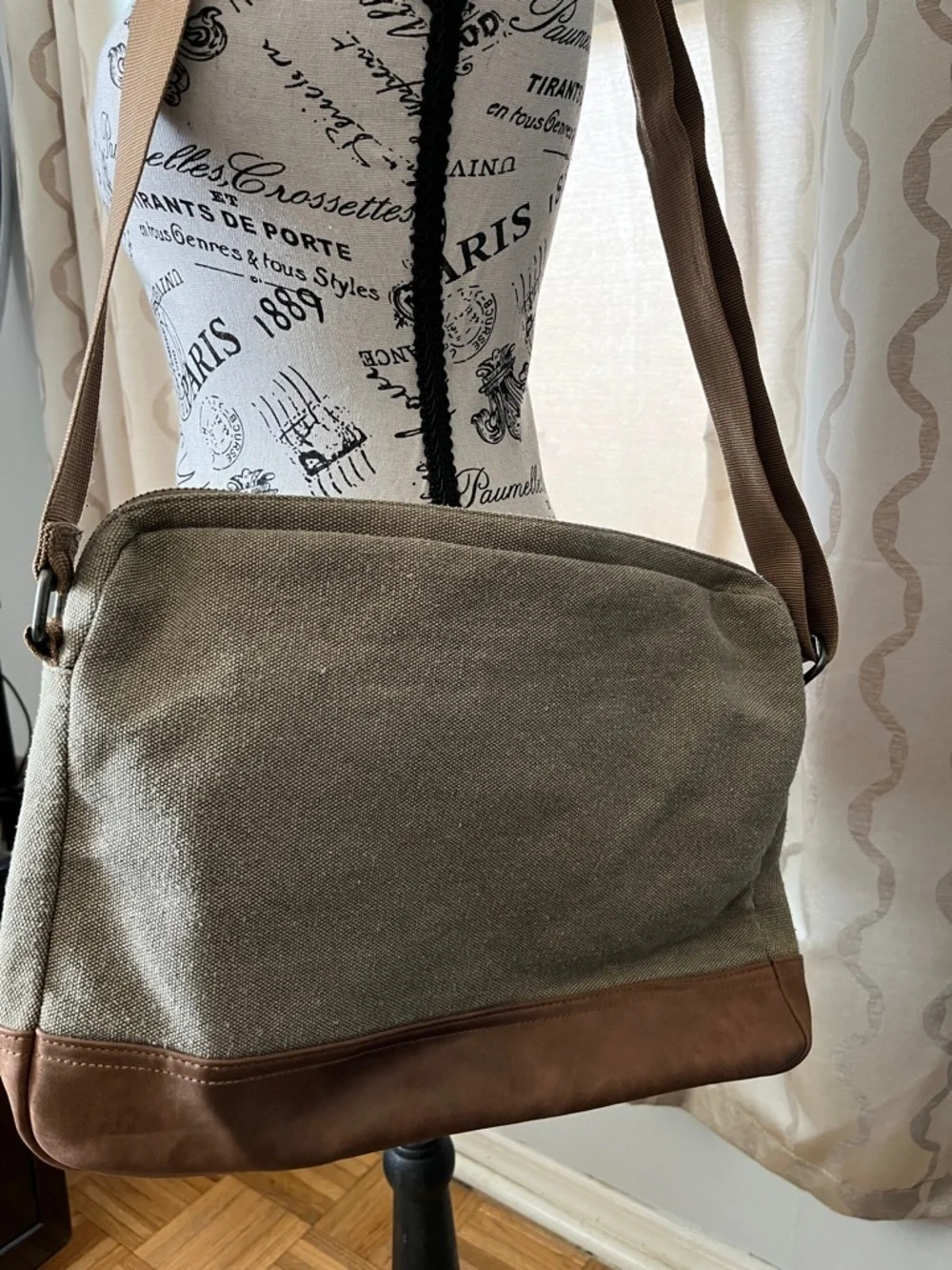 Buffalo David Bitton Olive Canvas Messenger Bag with Brown Trim